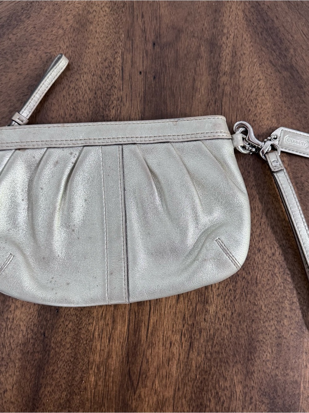 Coach Silver Pleated Leather Small Wristlet